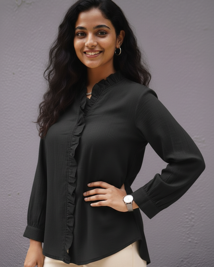 Midnight Whispers Ruffle Cotton Shirt
