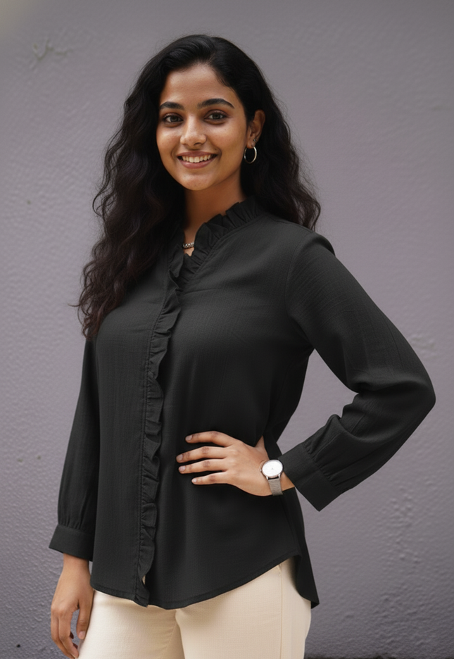 Midnight Whispers Ruffle Cotton Shirt