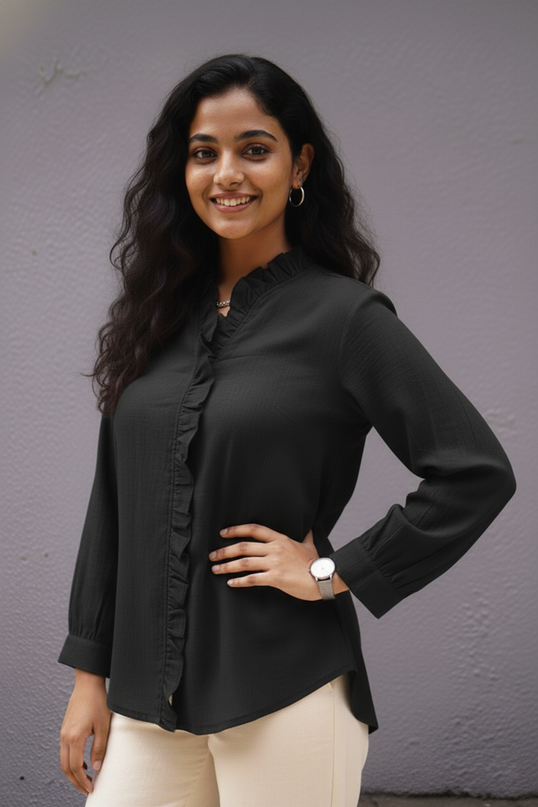 Midnight Whispers Ruffle Cotton Shirt