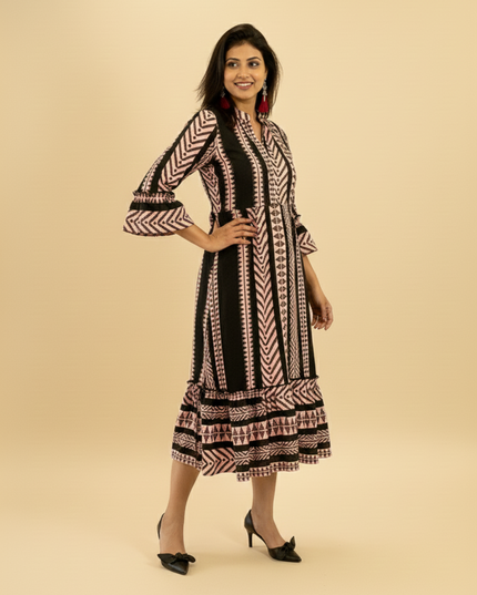 Quirky Tales Long Sleeve Ruffle Trim Black-Peach Dress