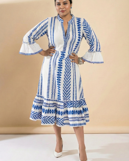 Quirky Tales Long Sleeve Ruffle Trim White-Blue Dress