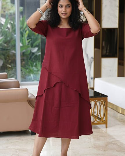 Mellow Maharani Overlap Cotton Maroon Midi Dress