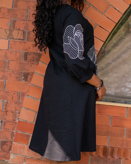 Bohemian Noir Black Midi with Artistic Blooming Rose