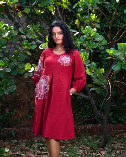 Bohemian Noir Cherry Midi with Artistic Blooming Rose