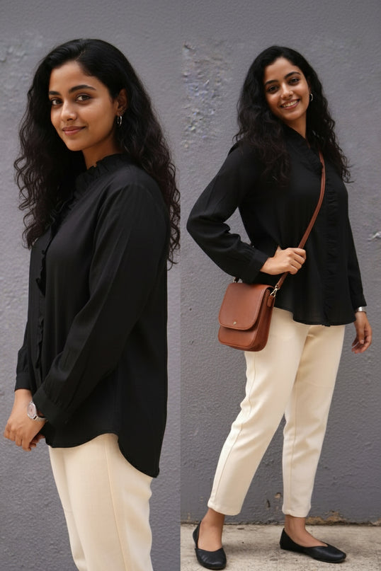 Midnight Whispers Ruffle Cotton Shirt