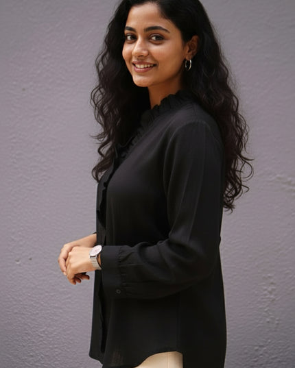 Midnight Whispers Ruffle Cotton Shirt