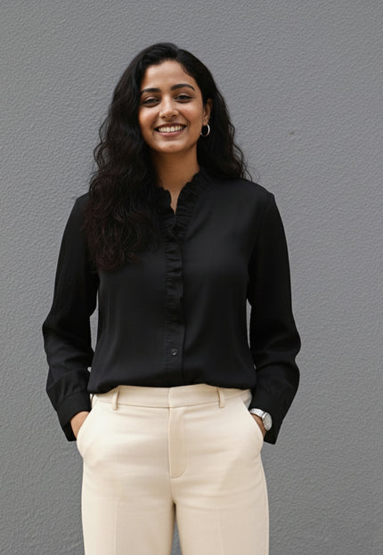 Midnight Whispers Ruffle Cotton Shirt