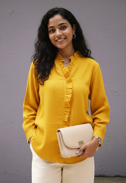 Sunflare Seersucker Ruffle Cotton Shirt