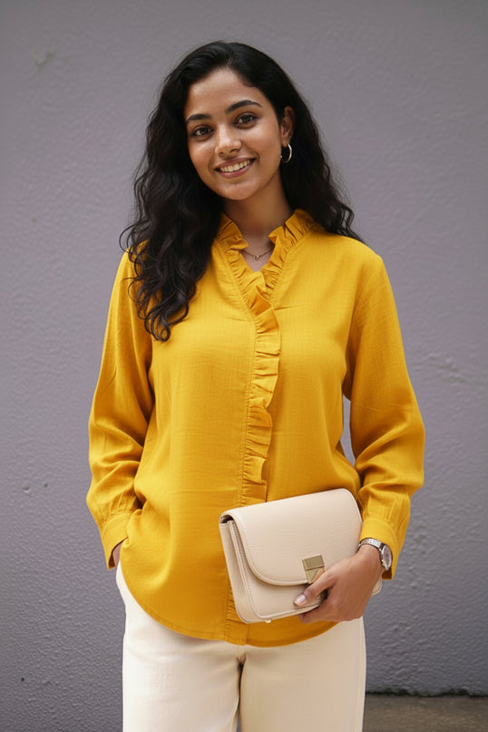 Sunflare Seersucker Ruffle Cotton Shirt