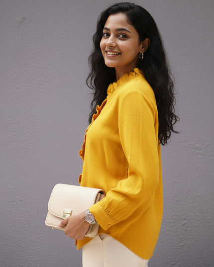 Sunflare Seersucker Ruffle Cotton Shirt