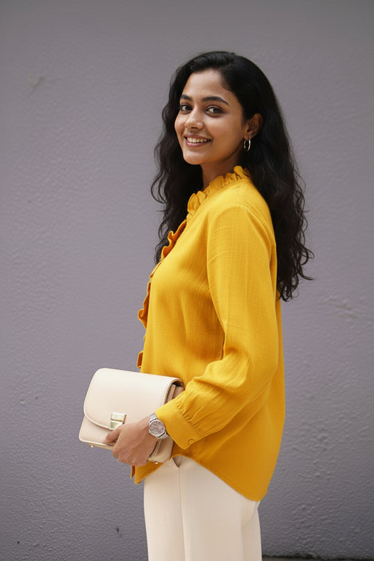 Sunflare Seersucker Ruffle Cotton Shirt