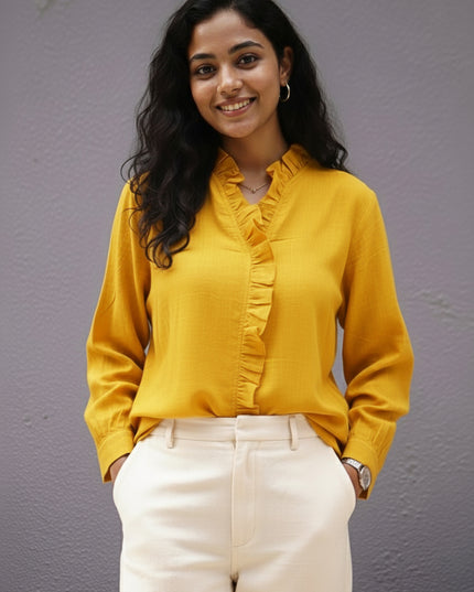 Sunflare Seersucker Ruffle Cotton Shirt
