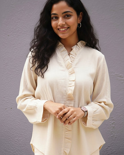 Ivorywhisper Seersucker Ruffle Cotton Shirt
