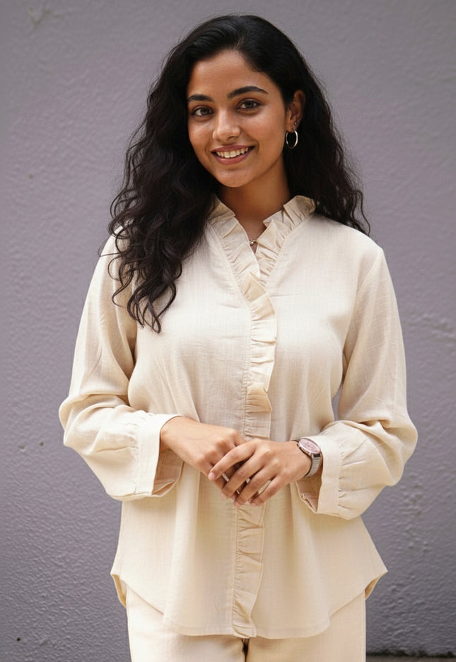 Ivorywhisper Seersucker Ruffle Cotton Shirt