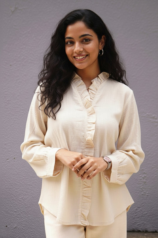 Ivorywhisper Seersucker Ruffle Cotton Shirt