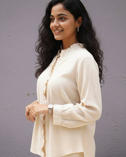 Ivorywhisper Seersucker Ruffle Cotton Shirt