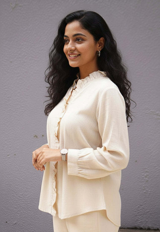 Ivorywhisper Seersucker Ruffle Cotton Shirt