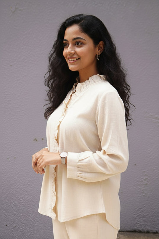 Ivorywhisper Seersucker Ruffle Cotton Shirt