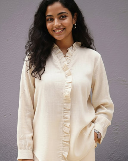 Ivorywhisper Seersucker Ruffle Cotton Shirt