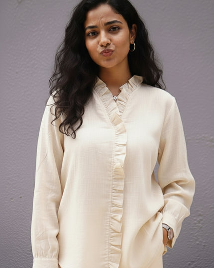 Ivorywhisper Seersucker Ruffle Cotton Shirt