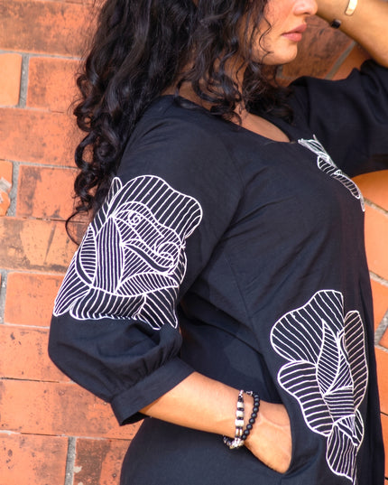 Bohemian Noir Black Midi with Artistic Blooming Rose