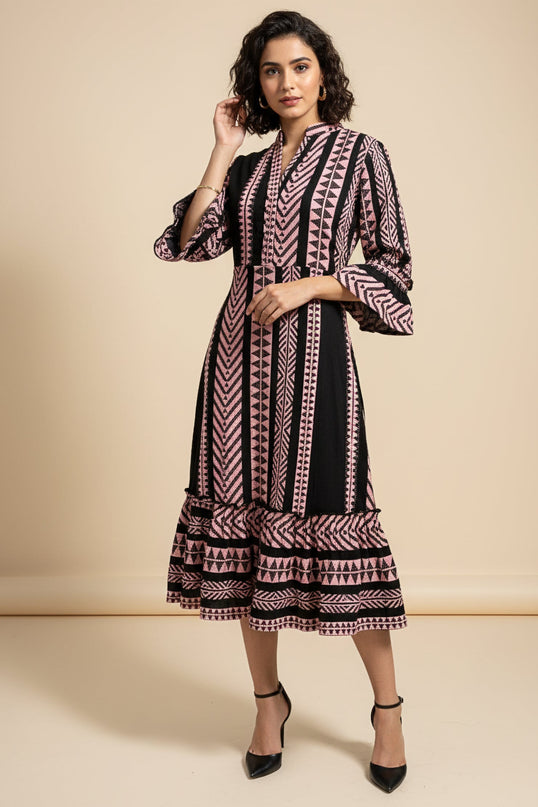 Quirky Tales Long Sleeve Ruffle Trim Black-Peach Dress