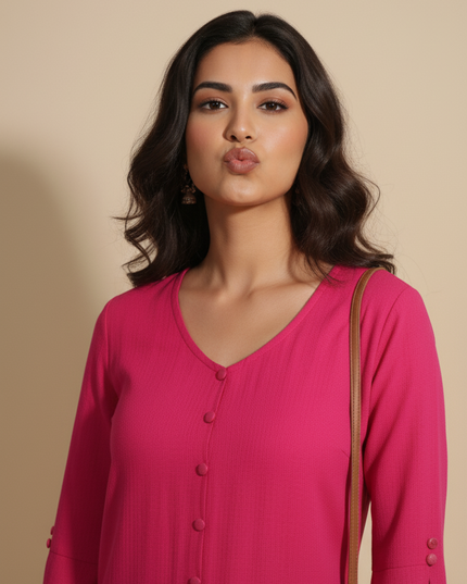 Woman wearing a pink shirt against a beige background