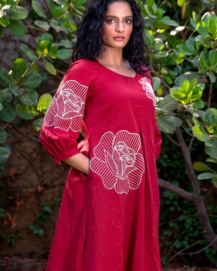 Bohemian Noir Cherry Midi with Artistic Blooming Rose