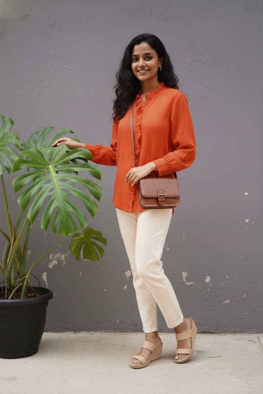 Blushfire Seersucker Ruffle Cotton Shirt