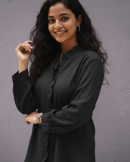 Midnight Whispers Ruffle Cotton Shirt