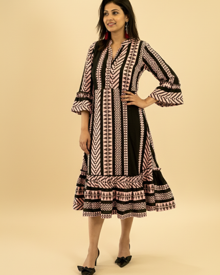 Quirky Tales Long Sleeve Ruffle Trim Black-Peach Dress