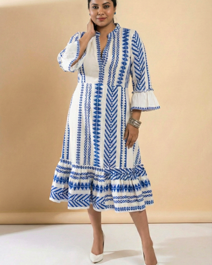 Quirky Tales Long Sleeve Ruffle Trim White-Blue Dress