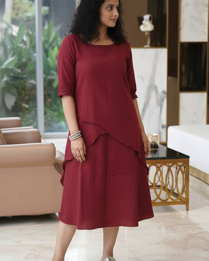Mellow Maharani Overlap Cotton Maroon Midi Dress
