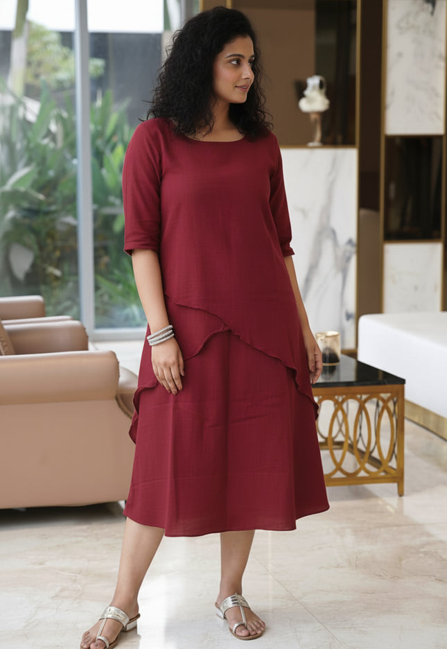 Mellow Maharani Overlap Cotton Maroon Midi Dress