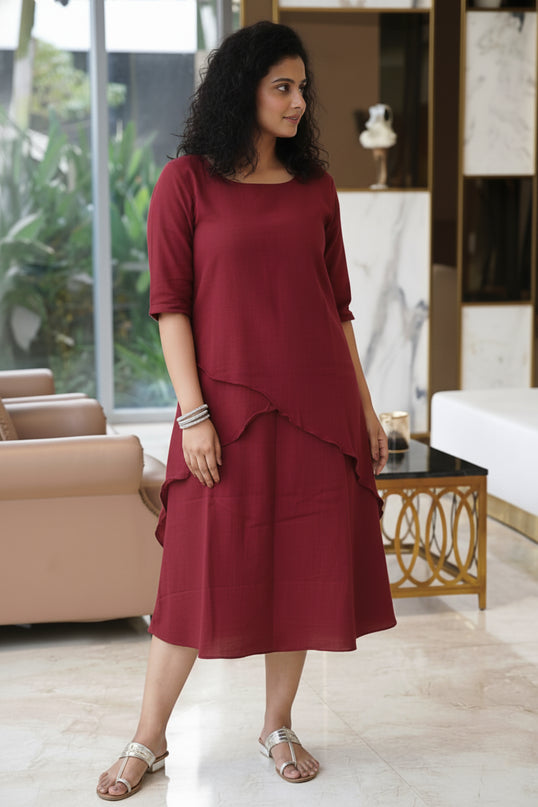Mellow Maharani Overlap Cotton Maroon Midi Dress