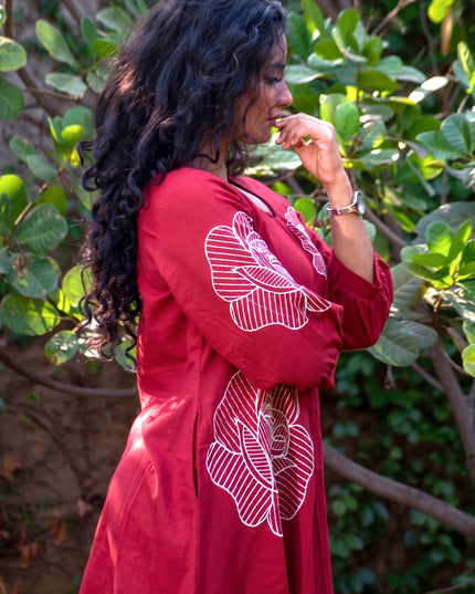 Bohemian Noir Cherry Midi with Artistic Blooming Rose