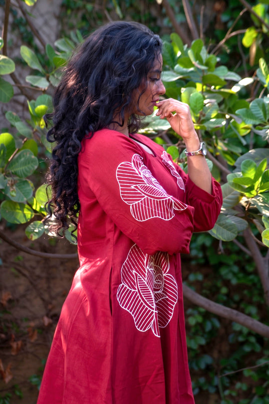 Bohemian Noir Cherry Midi with Artistic Blooming Rose