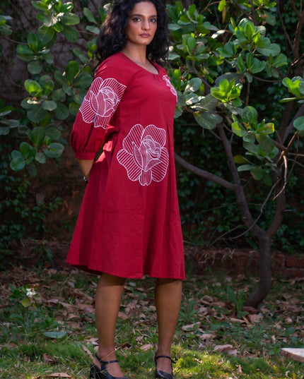 Bohemian Noir Cherry Midi with Artistic Blooming Rose
