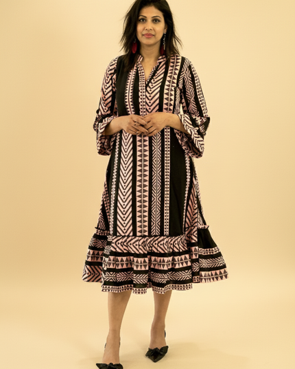 Quirky Tales Long Sleeve Ruffle Trim Black-Peach Dress