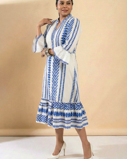 Quirky Tales Long Sleeve Ruffle Trim White-Blue Dress