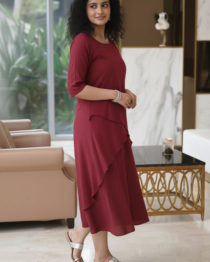 Mellow Maharani Overlap Cotton Maroon Midi Dress