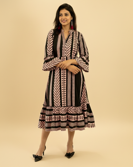 Quirky Tales Long Sleeve Ruffle Trim Black-Peach Dress