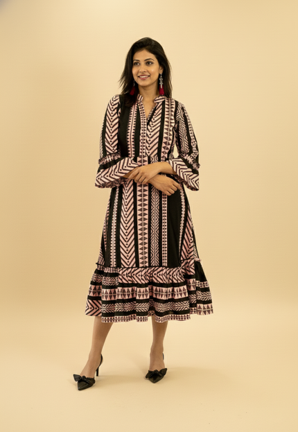 Quirky Tales Long Sleeve Ruffle Trim Black-Peach Dress