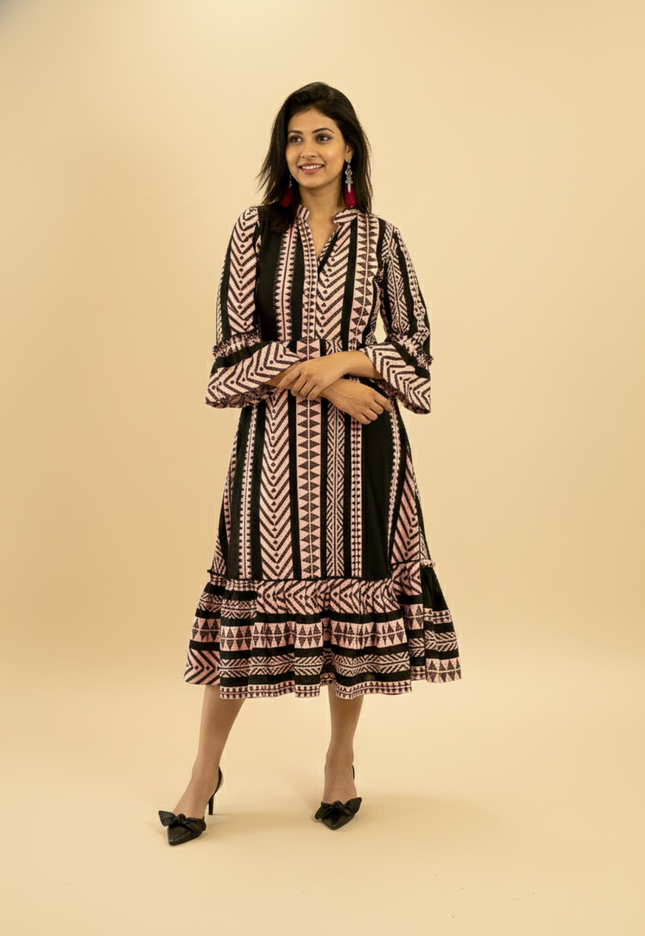 Quirky Tales Long Sleeve Ruffle Trim Black-Peach Dress