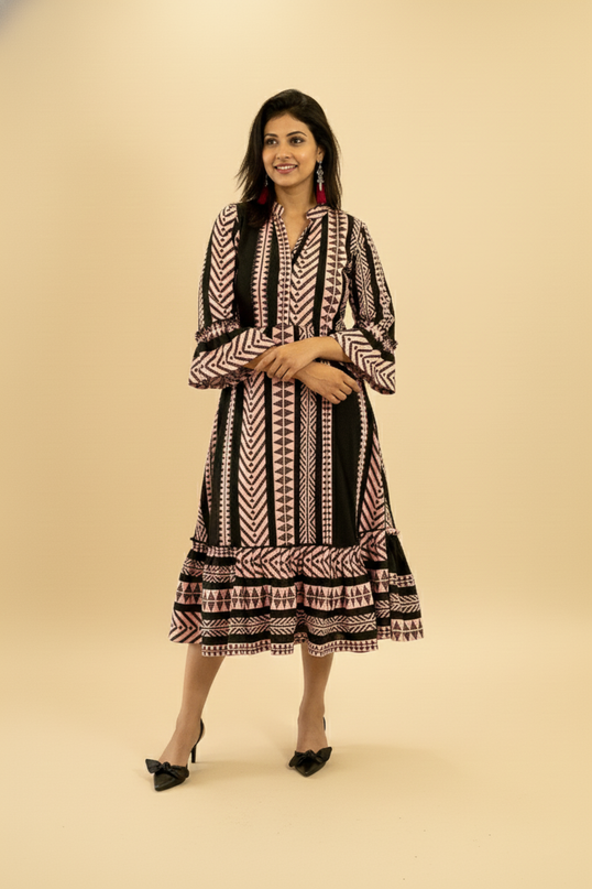 Quirky Tales Long Sleeve Ruffle Trim Black-Peach Dress