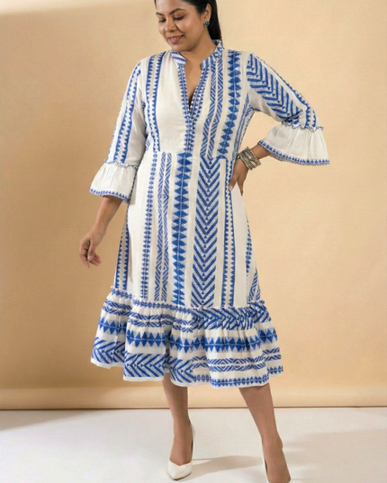 Quirky Tales Long Sleeve Ruffle Trim White-Blue Dress