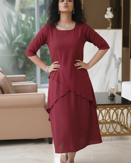 Mellow Maharani Overlap Cotton Maroon Midi Dress