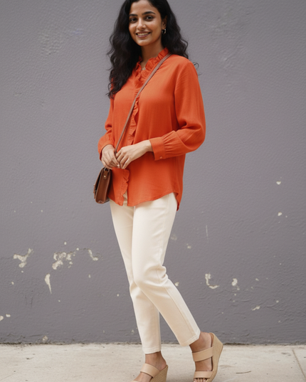 Blushfire Seersucker Ruffle Cotton Shirt