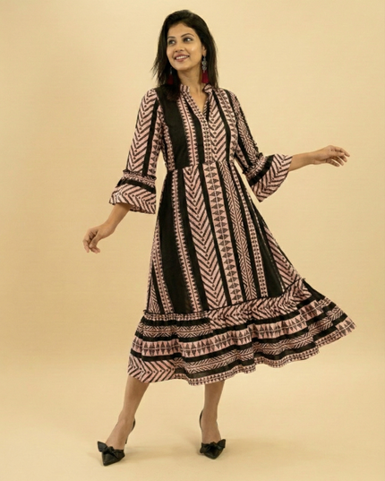 Quirky Tales Long Sleeve Ruffle Trim Black-Peach Dress