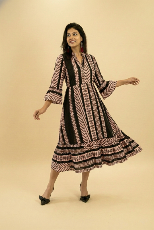 Quirky Tales Long Sleeve Ruffle Trim Black-Peach Dress